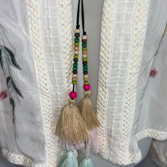 Johnny Was Aurora Kimono white embroidered tassels Sz L EX cond boho - Picture 5 of 10